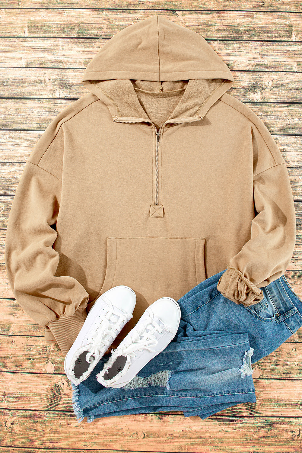 Smoke Green Half Zipper Kangaroo Pockets Drop Shoulder Hoodie