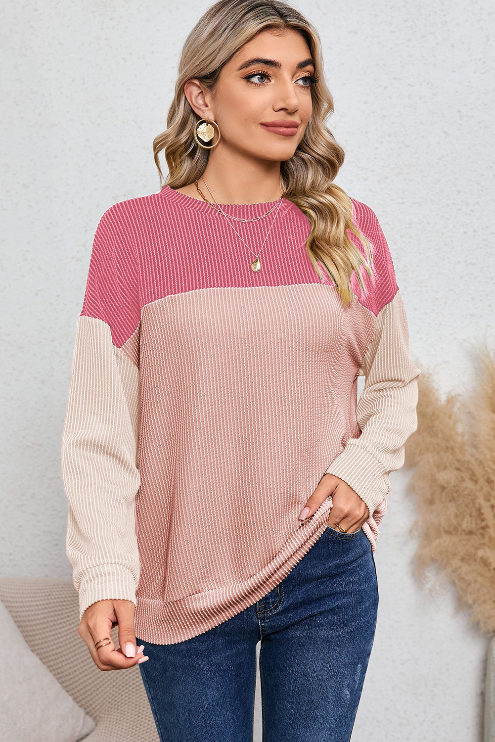 Red Color Block Ribbed Loose Long Sleeve Top