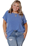 Ashleigh Blue Solid Color Frill Short Sleeve Frayed Hem Plus Top