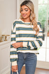 Khaki Striped Crew Neck Drop Shoulder Pullover Sweatshirt
