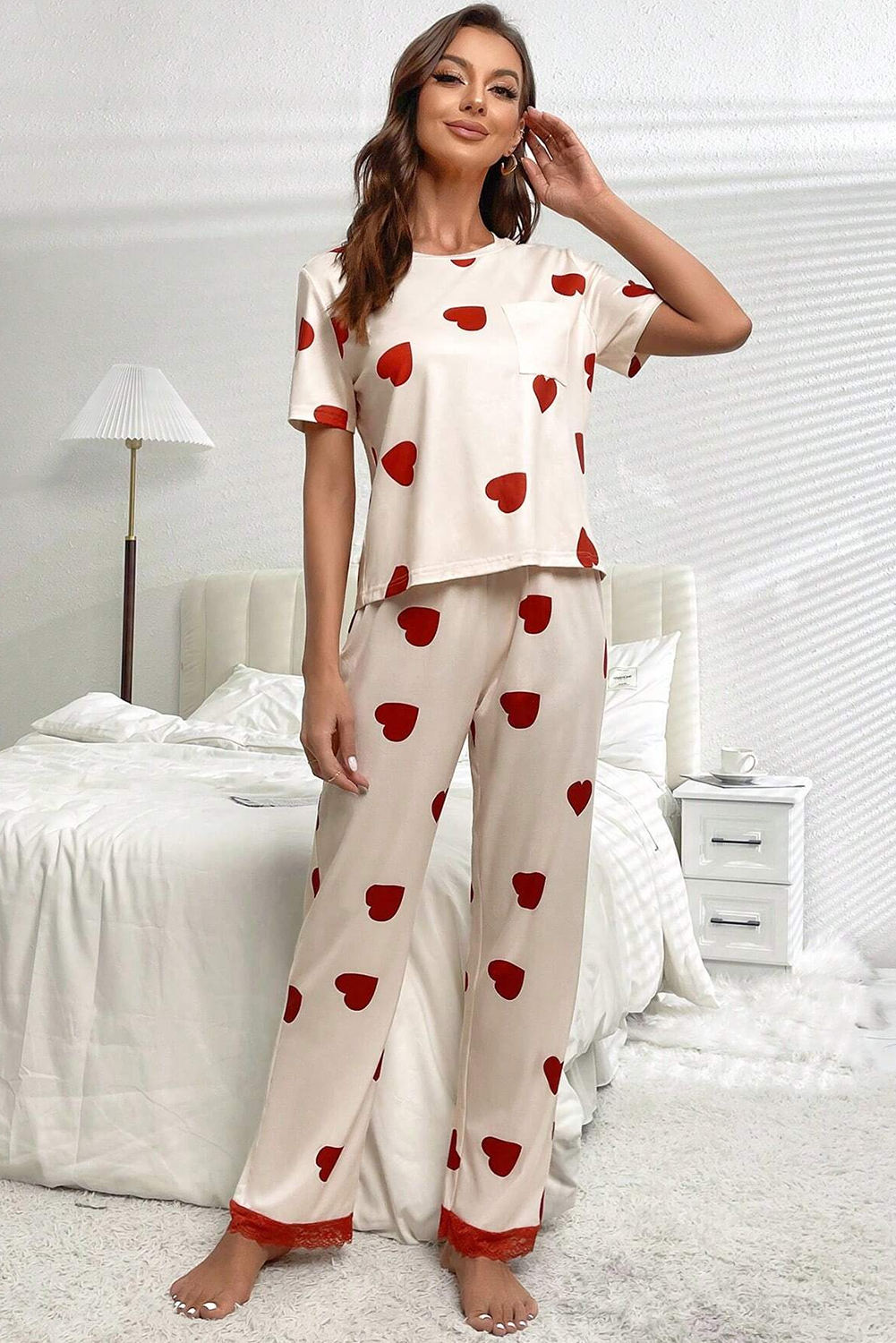 White Heart Print Tee and Lace Hem Pants Pajama Set