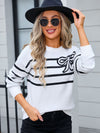 Angel Wings Striped Round Neck Long Sleeve Sweater - Cocoa Yacht Club