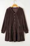 Dark Brown Textured Velvet V Neck Button Mini Dress