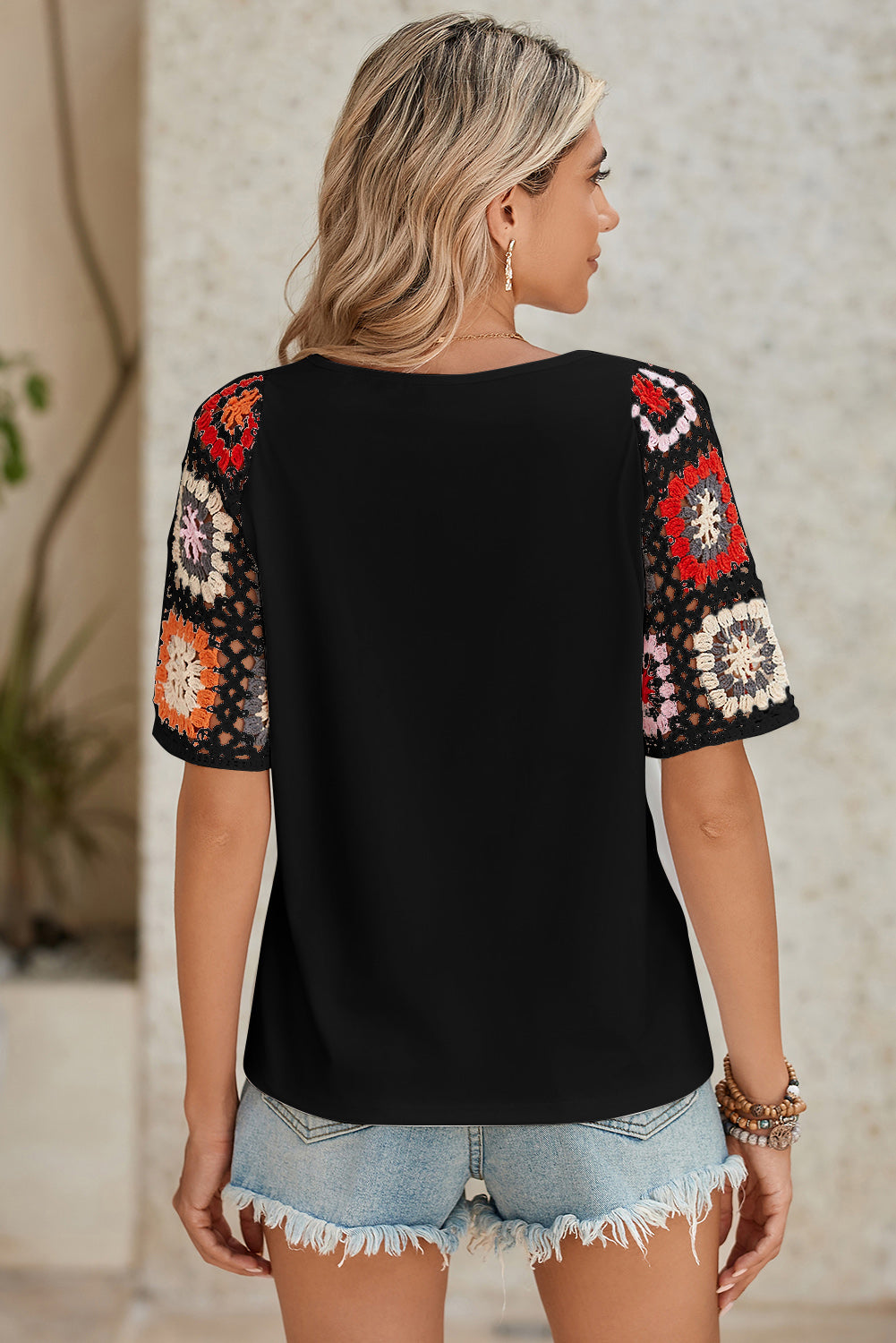 White Floral Hollowed Crochet Sleeve Boho T Shirt