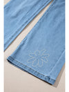 Light Blue Floral Beads Decor High Rise Wide Leg Jeans