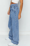 Sky Blue Mid Rise Asymmetrical Waist Wide Leg Jeans