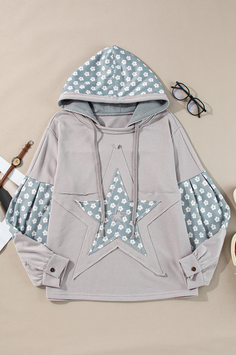 Apricot Floral Patchwork Star Pattern Drawstring Hoodie