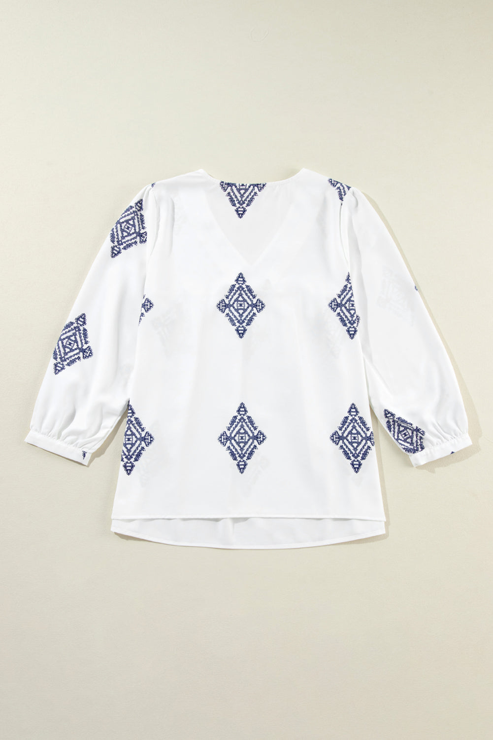 White Boho Geometric Print Bracelet Sleeve V Neck Blouse