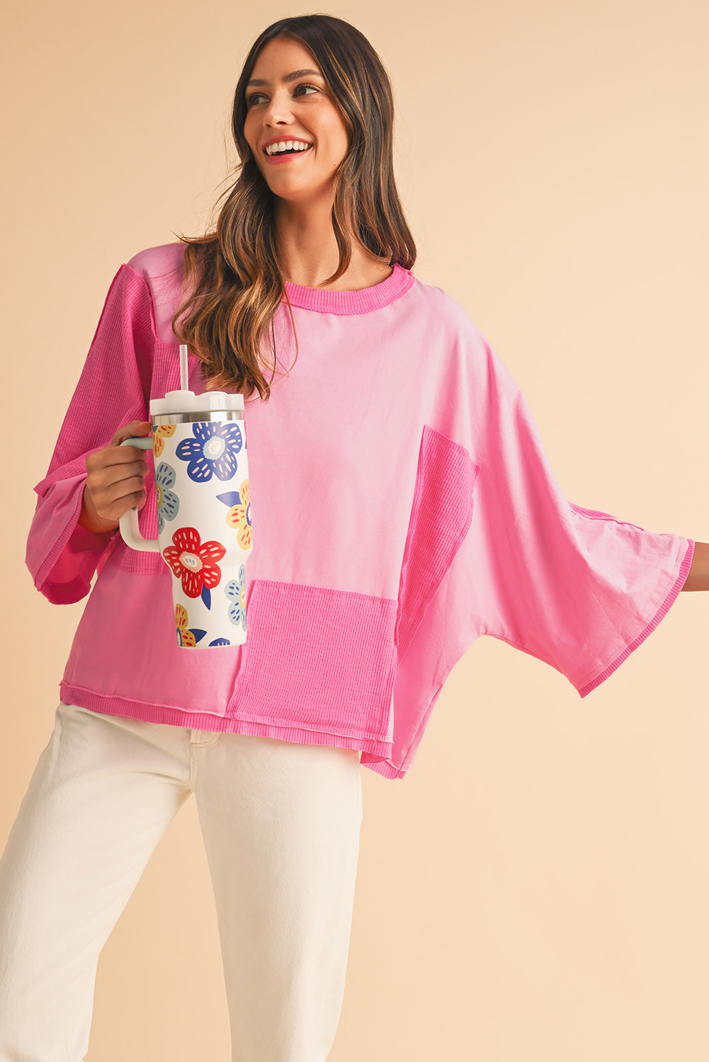 Pink Textured Patchwork 3/4 Sleeve Oversized Top