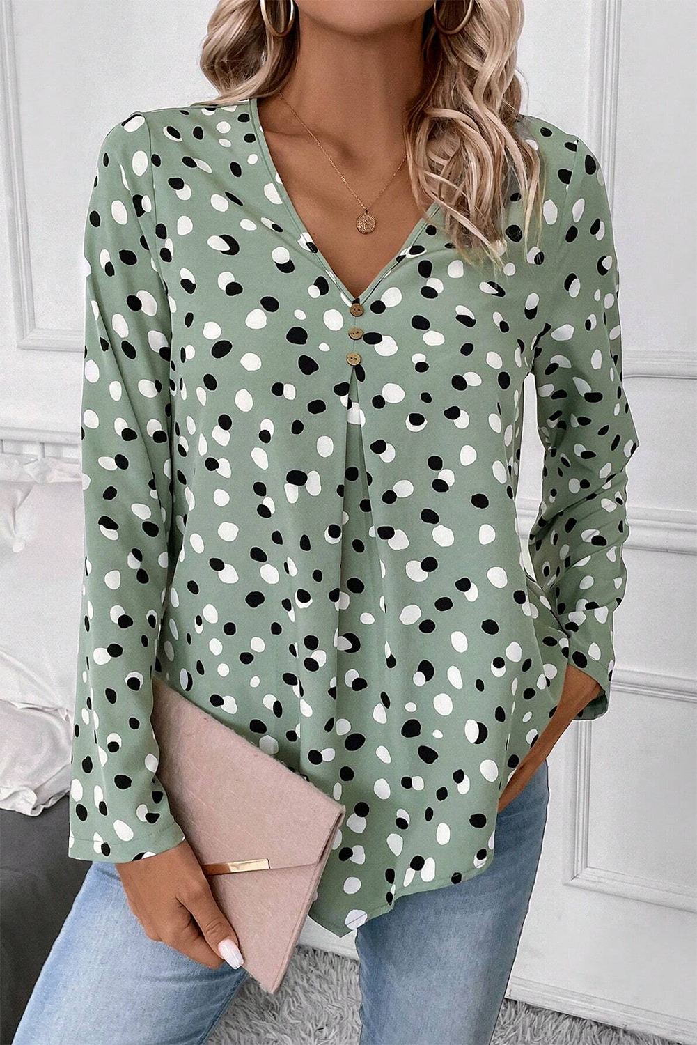 White Dotted Print V Neck Long Sleeve Blouse