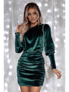 Black Velvet Puff Sleeve Ruched Bodycon Dress