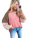 Fushia Floral Plaid Mixed Print Patchwork Raglan Ribbed Top