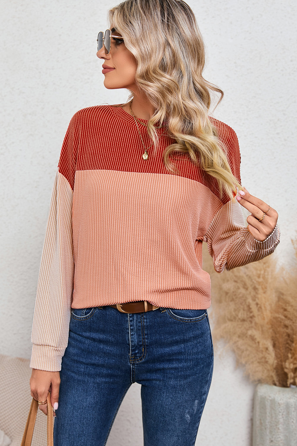 Red Color Block Ribbed Loose Long Sleeve Top