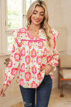 Rose Floral V Neck Ricrac Trim Ruffle Long Sleeve Blouse