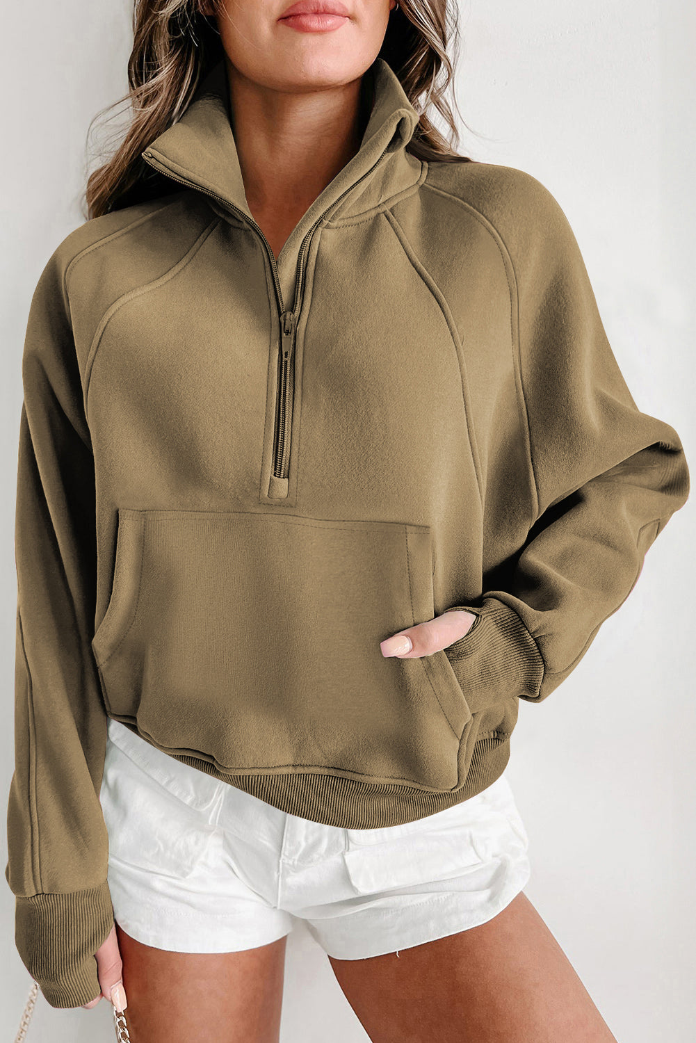 Parchment Quarter Zip Stand Neck Kangaroo Pocket Sweatshirt