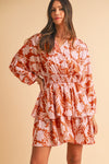 Brown Floral Puff Sleeve Shirred Waist Layered Dress