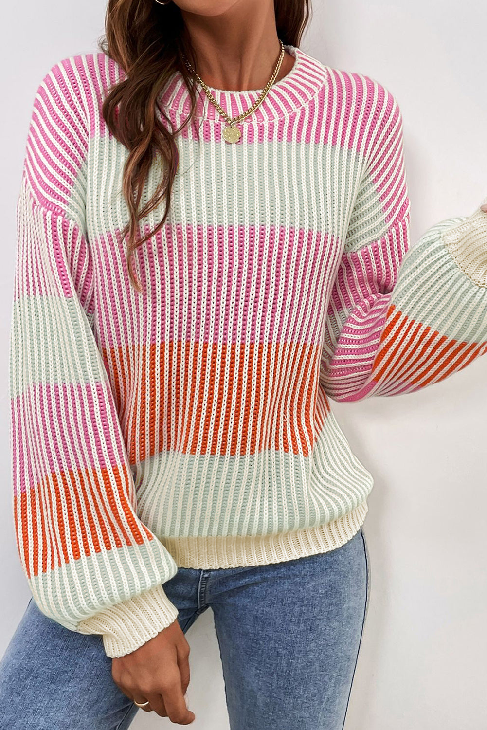 Multicolour Colorblock Lantern Sleeve Knitted Sweater