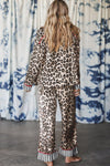 Khaki Leopard Print Colorblock Striped Patchwork Shirt and Pants Pajama Set