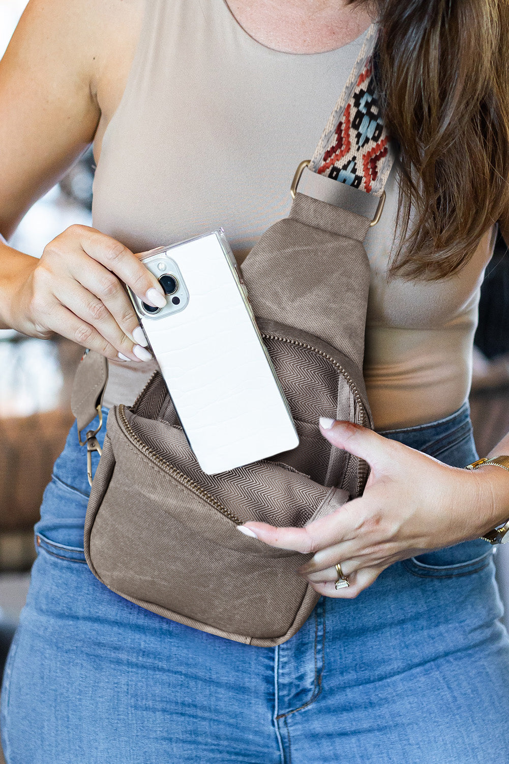 Dark Grey Geometric Print Strap Multi Pocket Crossbody Bag