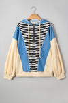 Black Stripe Denim Color Block Quarter Zip Baggy Drawstring Hoodie
