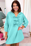 Moonlight Jade Bow Front Patchwork Bracelet Sleeve Mini Dress