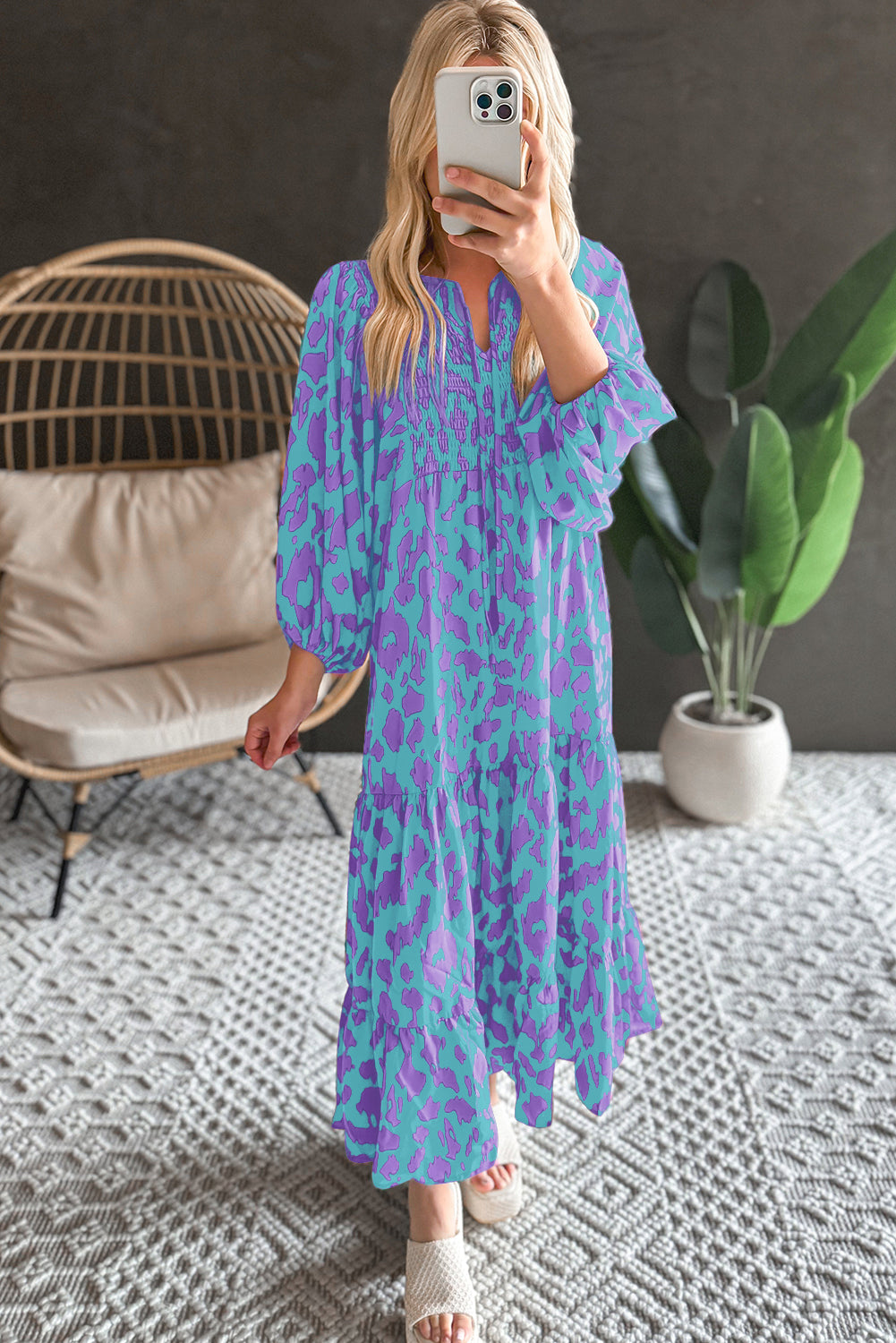 Sky Blue Abstract Print Puff Sleeve Smocked V Neck Maxi Dress