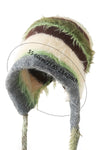 Spinach Green Plush Striped Knit Ear Warm Beanie Hat