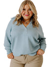 Beau Blue Textured Turn-down V Neck Drop Shoulder Plus Size Top