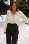 Beige Flower Lace V Neck Puff Sleeve Top