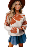 Beige Flower Pattern Drop Sleeve Baggy Sweater