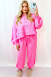 Bright Pink Plus Size Henley Pullover and Jogger Pants Two Piece Set