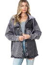 Gray Checked Patchwork Raw Hem Hooded Denim Jacket