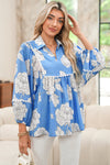 Sky Blue Floral Print V-Neck Scallop Detail Long Sleeve Blouse