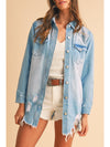 Sky Blue Light Wash Distressed Frayed Long Denim Jacket