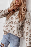 Brown Two-tone Ribbed Trim Contrast Leopard Sweater