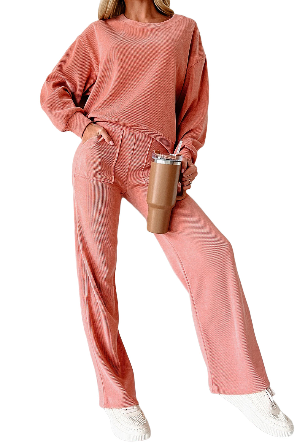 Blossom Ribbed Drop Shoulder Sweatshirt Pocketed Pants Set