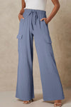 Dark Grey Drawstring Smocked Waist Wide Leg Utility Trousers