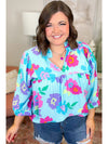 Light Blue Plus Size Floral Print Notched V Neck Babydoll Blouse