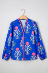 Blue Floral Print Pop Of Color V Neck Puff Sleeve Blouse
