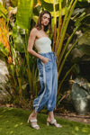 BiBi Striped Tape Details With Bot Tied Point Elastic Waist Jeans