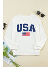 White USA Flag Print Ribbed Drop Shoulder Sweatshirt