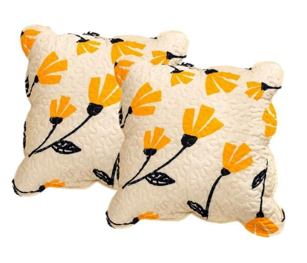 2-Pieces Yellow Fleur Floral Golden Orange Ivory Cream Scalloped Throw Pillow Covers, 18" x 18" (18112)