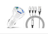 3 Port Fast LED White Car Charger + 3 in 1 Cable Combo Silver