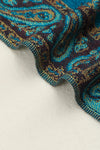 Peacock Blue Retro Paisley Print Tassel Trim Scarf