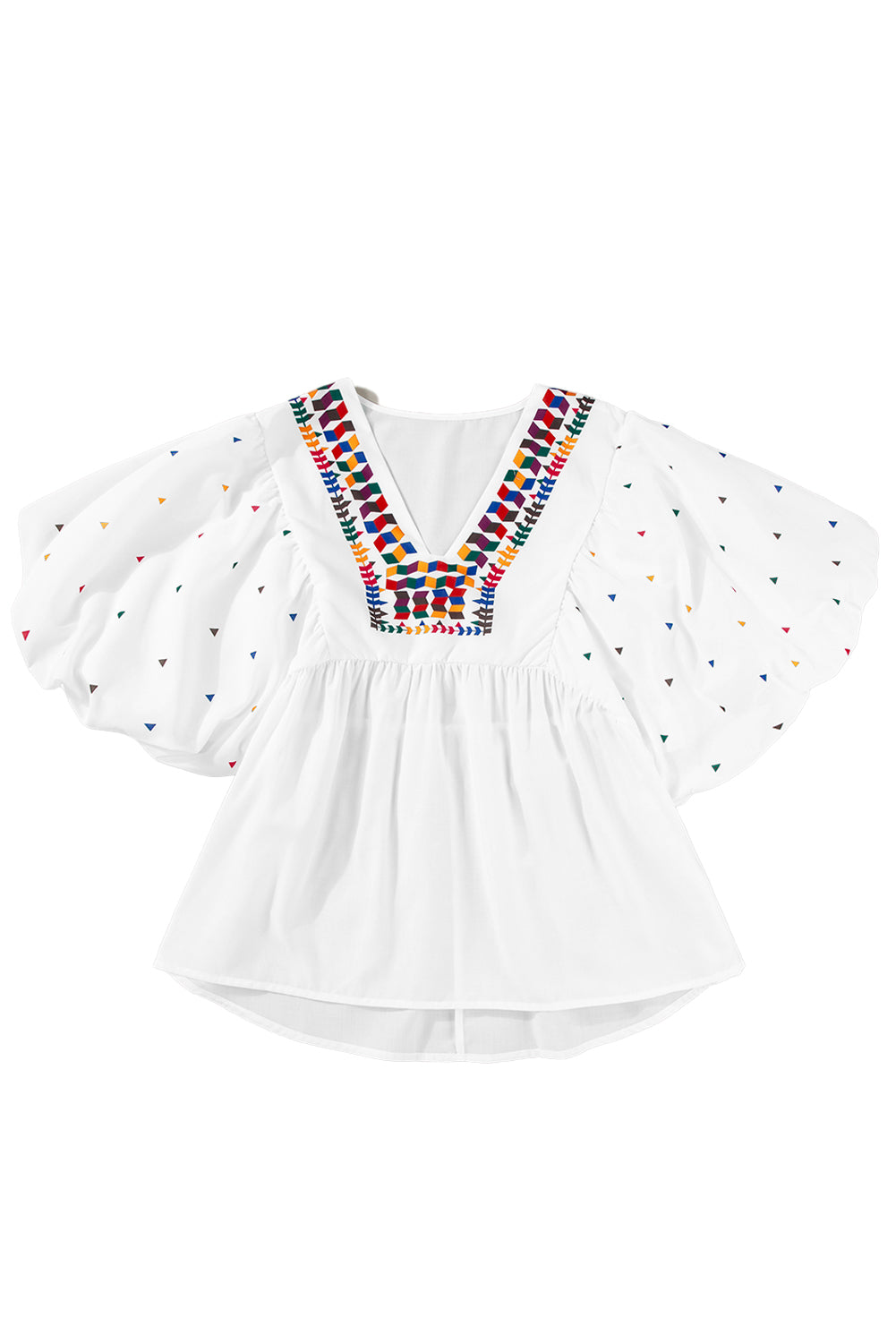 White Colorful Geometric Print V Neck Babydoll Blouse