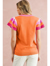 Bright Pink Contrast Sleeve Striped Round Neck Knitted Tee