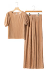 Clay Ribbed Short Puff Sleeve Top and Wide Leg Pants Set