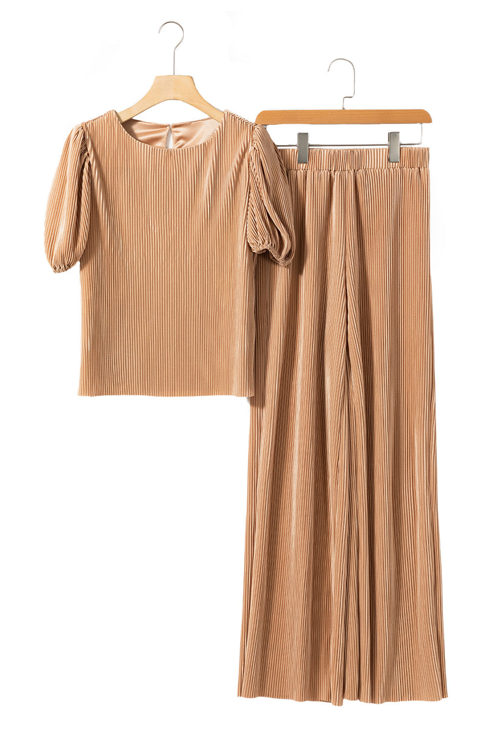 Clay Ribbed Short Puff Sleeve Top and Wide Leg Pants Set