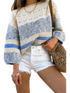 Light Blue Striped Hollow Out Puff Sleeve Sweater