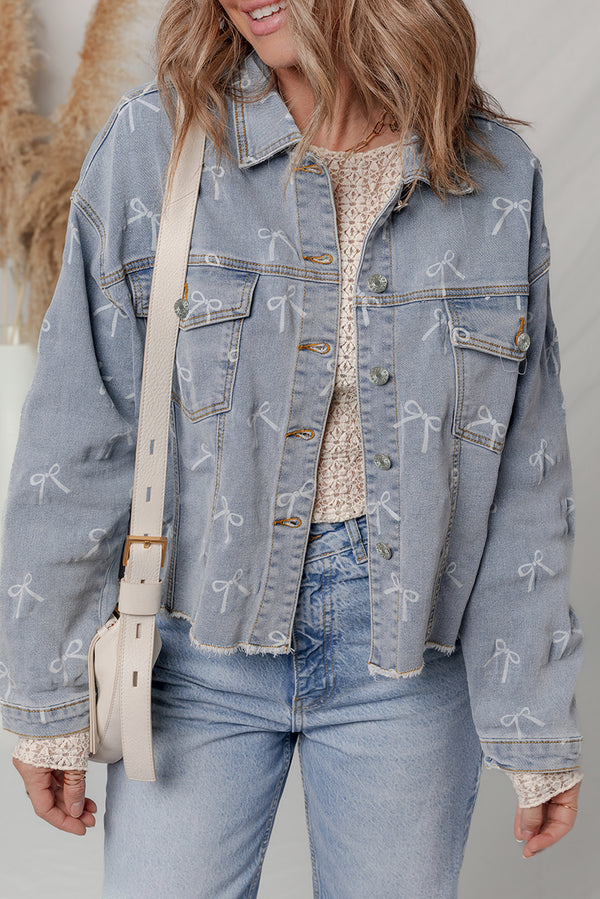 Sky Blue Bow Print Light Wash Raw Hem Denim Jacket